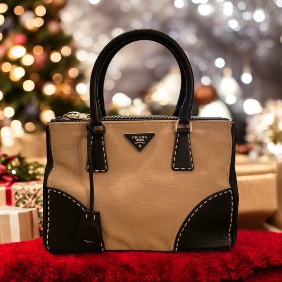 PRADA City Stitched Beige Canvas Hand-Stitched Leather, Double Zipped Tote - Picture 1 of 17